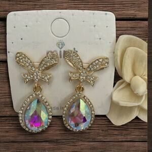 Gold Bow Rhinestone Drop Earrings with Iridescent Teardrop Crystals